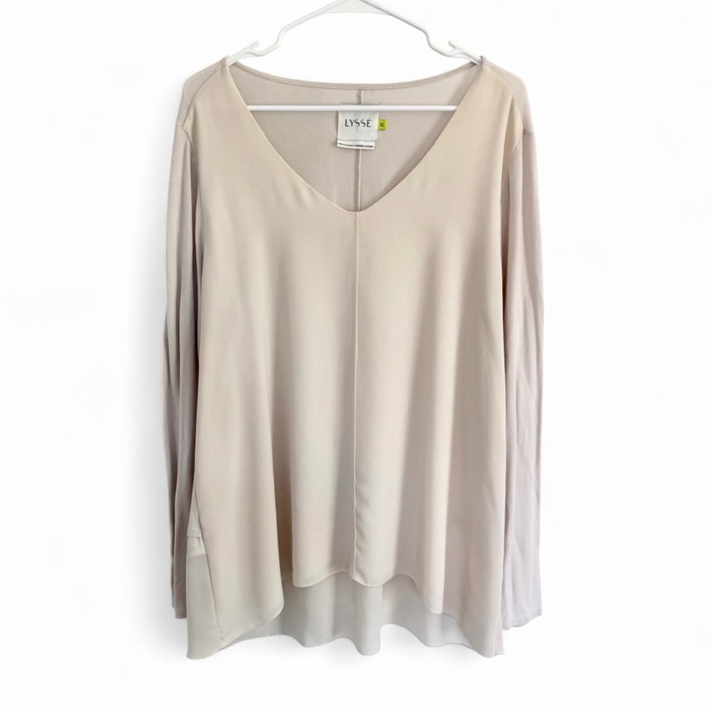 Lysse Womens Top XL Satin V Neck Long Sleeve High Low Tunic Blouse Cream Preppy